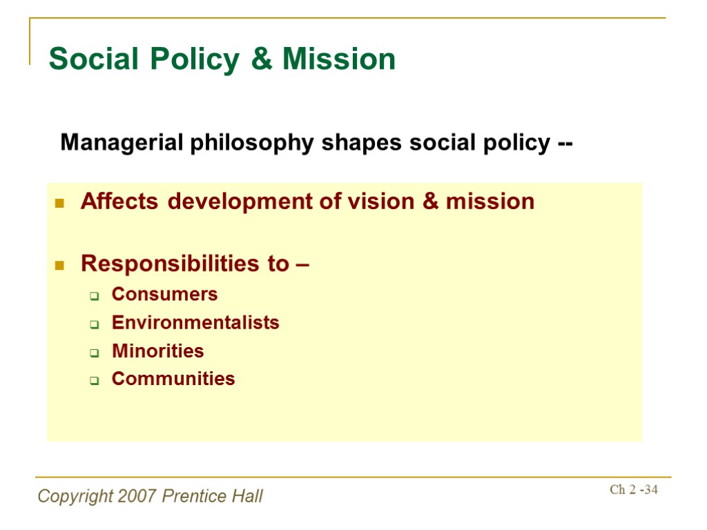 Copyright 2007 Prentice Hall Ch 2 -34 Affects development of vision & mission Responsibilities